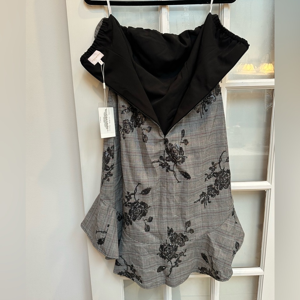 Foxiedox Black Gray Plaid Sequin Floral High Low Ruffle Formal Dress Size 4 NWT - Picture 5 of 12